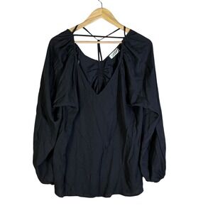 C'isa Black V-Neck Ruched Tie Back Long Sleeve Blouse Top Women's Size M